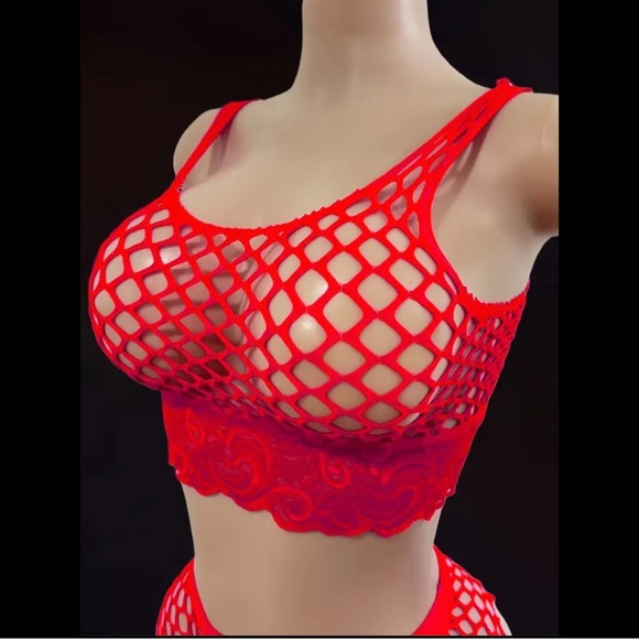 Red, Fishnet, Lingerie Set - Picture 5 of 6